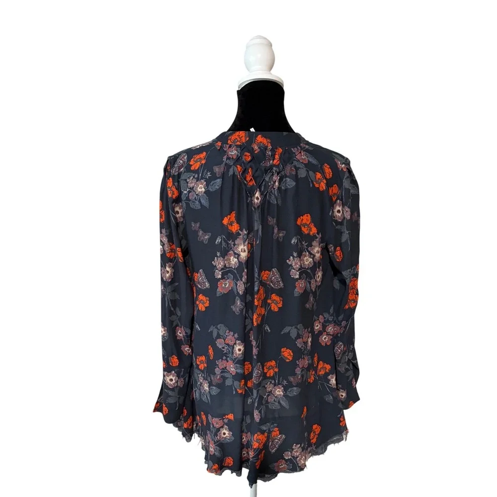 Free People Floral Boho Tunic Top‎ Small Navy Orange Butterfly Peasant Blouse